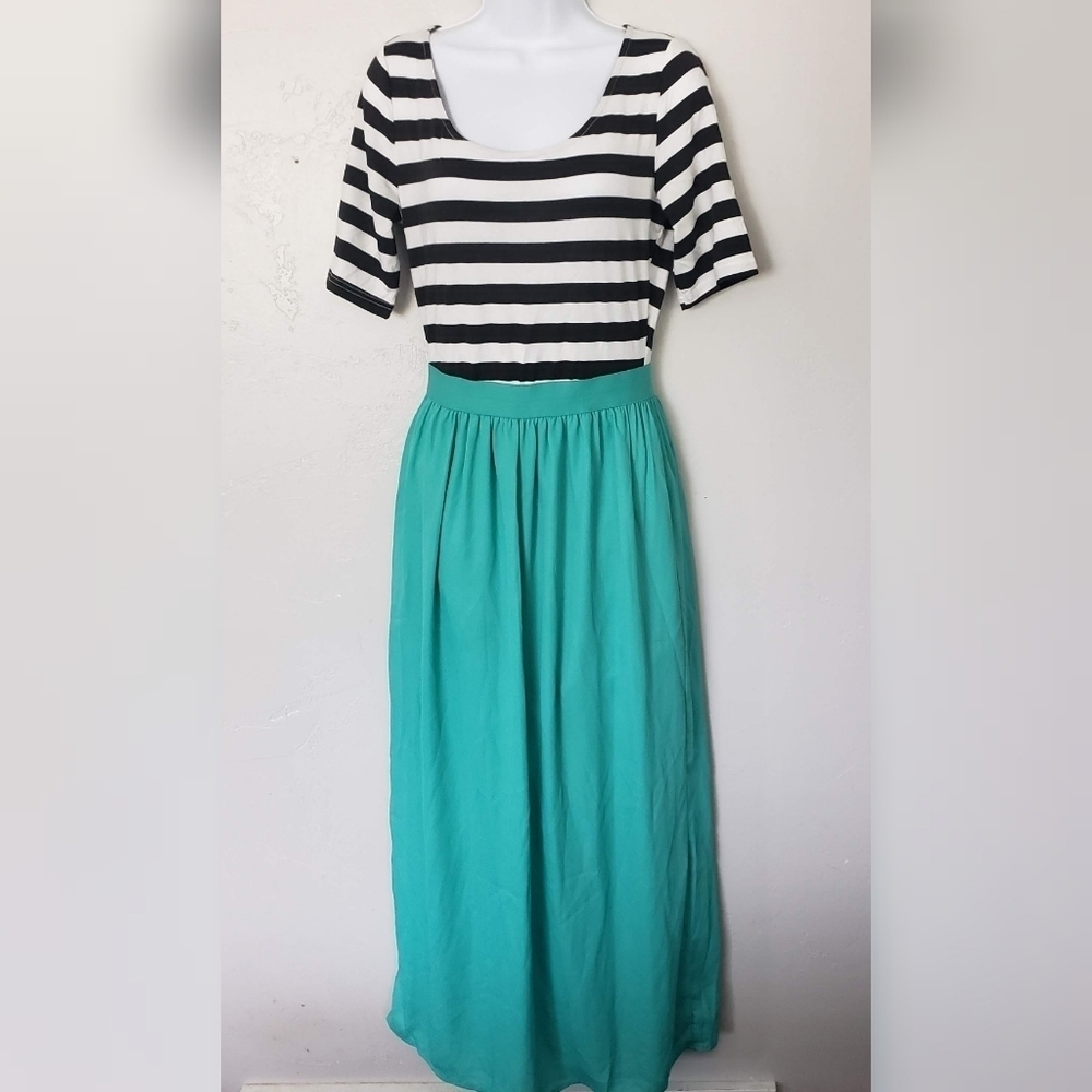 Journey Five Medium Maxi Dress Black & White Striped Top Mint Blue Skirt